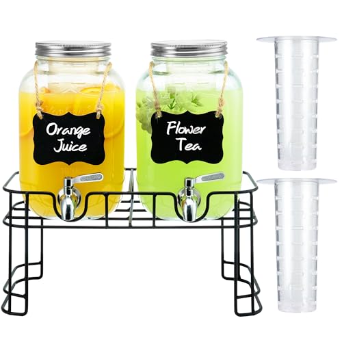 1 Gallon Glass Drink Dispensers for Parties, 2PACK Beverage Dispenser with Stand, Ice Cylinder and...