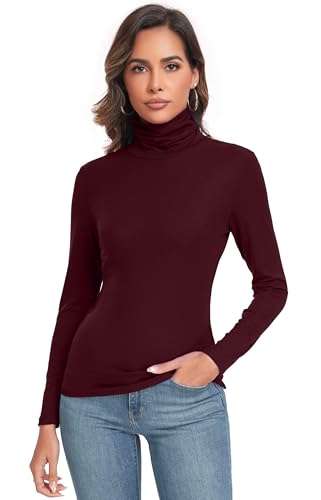 Womens Long Sleeve Casual Lightweight Turtleneck Top Slim Fit Thermal Active Layer Shirts Burgundy Large