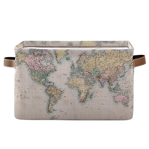 Vintage World Map Storage Basket Collapsible Laundry Organizer with Leather Handles Retro Map Print Rectangular Storage Box Bin 1 PC for Bathroom Clothes Kids Toys Nursery