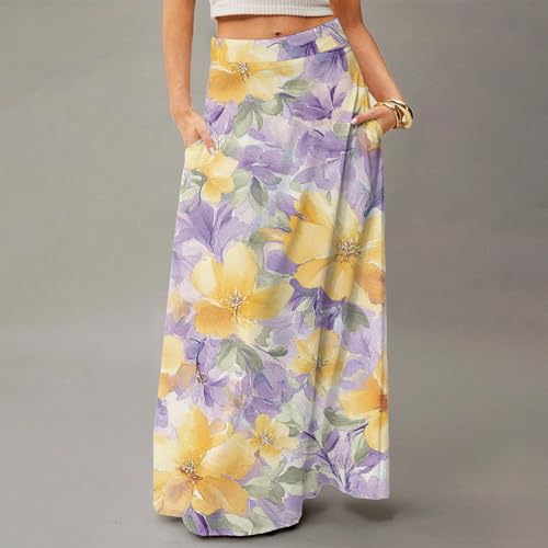 Women's Long Skirts Boho Floral Skirt Casual Elastic High Waist Maxi Skirts Flowy A Line Beach Skirt Outfits, S-2XL3
