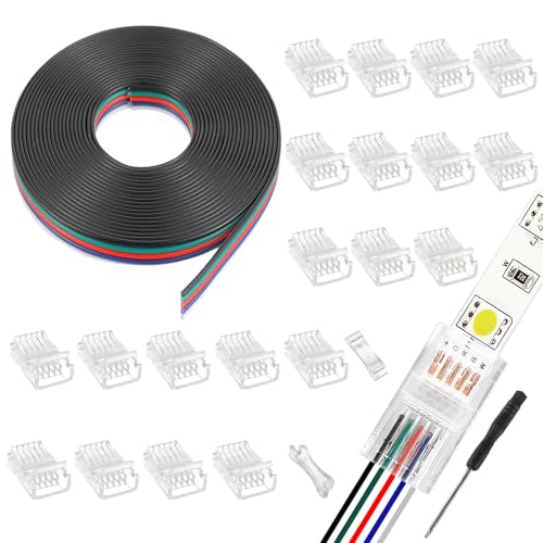 EPLZON 5 Pin 12 mm LED Strip Connector LED Light Quick Connector RGB Lights Adapter Clear Unwired Gapless Track Lighting Connector with 5M/16.4ft Cable(20pcs)
