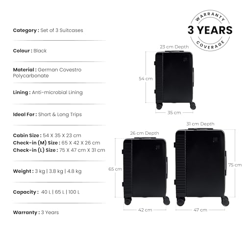 Image of ICON - Signature Polycarbonate (PC) Hard-Sided Cabin Suitcase | Ultra Lightweight & Durable | 8 Spinner Wheels | TSA Lock | Organized Interior | Multiple Colours (Set of 3, Black)
