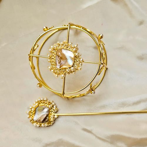 Image of Hair Bun Cage Accessory for Women | Handcrafted Brass Juda Cover with Stick | Anti-Tarnish Traditional Hair Accessory for Wedding & Festive (Baroque Pearl Hair Bun (Golden))