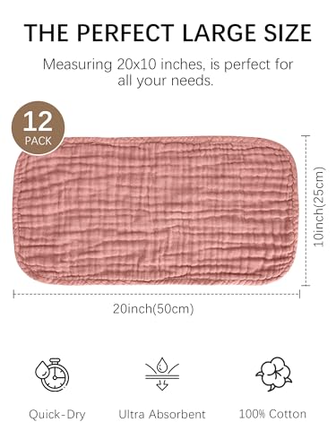 Image of Lovely Care 12 Pack Muslin Burp Cloths 100% Cotton Muslin Cloths Large 20''x10'' Extra Soft and Absorbent Baby Burping Cloth - Blush and Terracotta