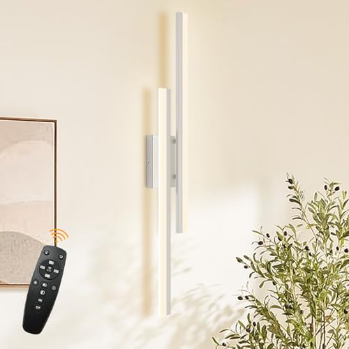 Image of LED Wall Sconce Silver Modern Remote Wall Light Fixtures for Living Room, Dimmable LED Vanity Light Indoor Remote Wall Sconce for Bedside Bedroom Bathroom Dining Room, L31.5inch 1 Pack