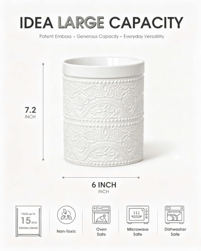 Image of FUN ELEMENTS Kitchen Utensil Holder, 7.2 inch Super Large Utensil Crock Heavy and Stable Lace Emboss Ceramic Utensil Holder for Kitchen Counter (Bright White)