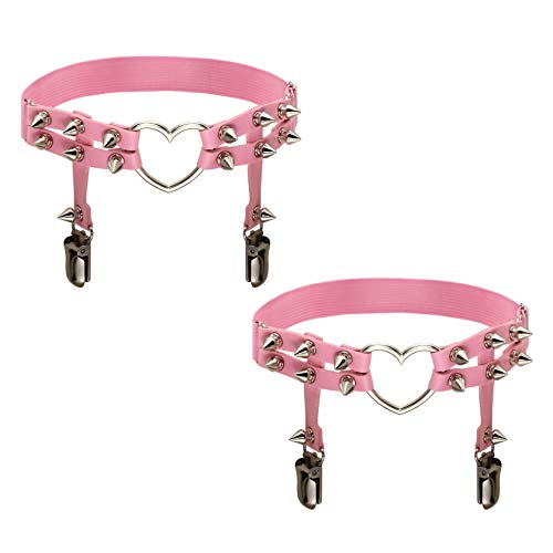 MILAKOO 2 Pcs Women PU Leather Punk Rivet Stud Leg Garter Belt (Pink)