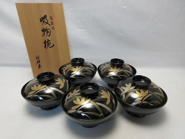 懐石道具 源伸堂 本漆手塗 天然木製 黒塗 花蒔絵 吸物