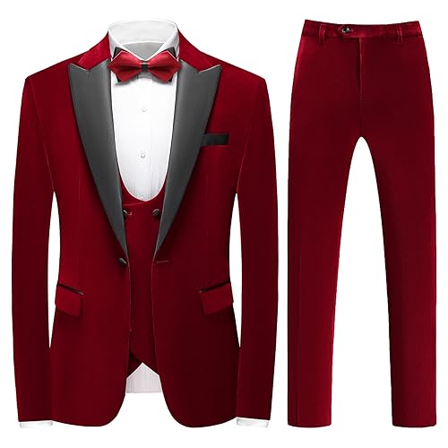 KUDORO Mens Velvet 3 Piece Suits Slim Fit Peaked Lapel One Button Tuxedo Dinner Jacket Vest Pants...