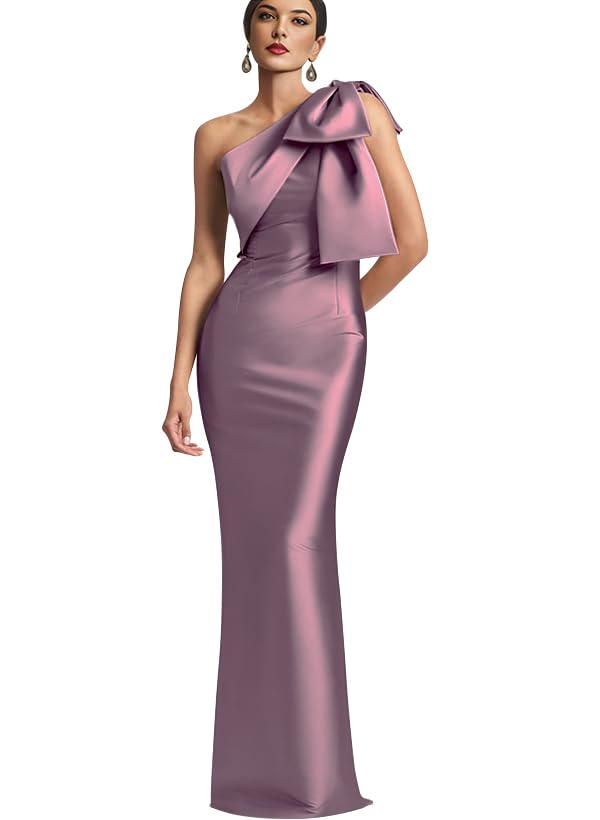 Image of IIF One Shoulder Bow Prom Dress for Women Mermaid Satin Formal Dresses Long Bodycon Evening Cocktail Gowns IIF043