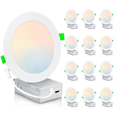 Sokopy 12 Pack 6 Inch 5CCT Ultra-Thin LED Recessed Ceiling Light with Junction Box, 2700K/3000K/3500K/4000K/5000K Selectable, 1050LM Dimmable Can-Killer Downlight, 12W Eqv 100W, ETL and Energy Star