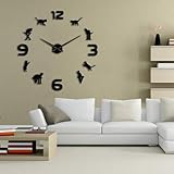 Grandi orologi da parete con numeri arabi romani misti fai da te con silhouette di gattino, arte artistica da parete, orologio gigante da parete, design moderno per la casa (nero, 68,6 cm)