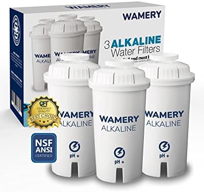 WAMERY Certified Alkaline Water Filter Replacement Fits Brita and Wamery Pitcher Cartridges 3-Pack, Increases Water pH.
