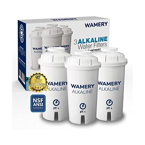 Wamery Certified Alkaline Water Filter Replacement Fits Brita Pitcher Cartridges 3-Pack, Increases Water pH. Cover