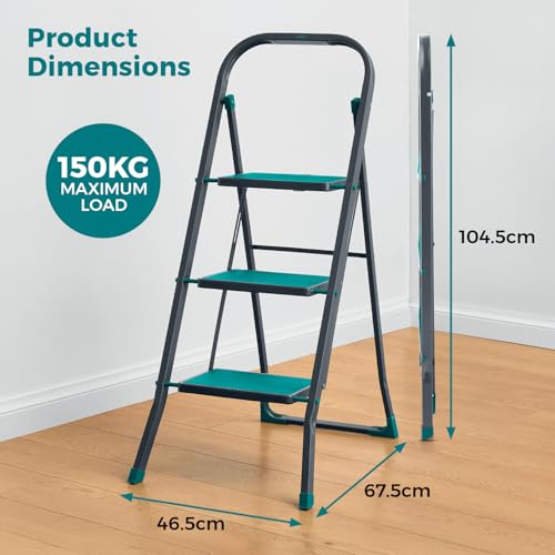Tower 3 Tread Step Ladder, Folding Steel Frame With Non-Slip Steps & Feet, Compact & Lightweight Design, 150Kg Max Capacity, Anthracite & Teal, T780001TL - 6