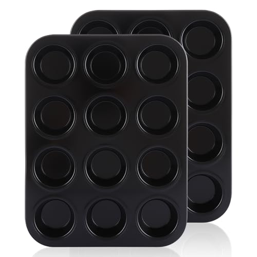 ASelected 2Pcs Yorkshire Pudding Tray 12Cup Round Carbon Steel Muffin Pan Nonstick Coating for Yorkshire Pudding Pies Cupcakes Muffin and Brownies Black