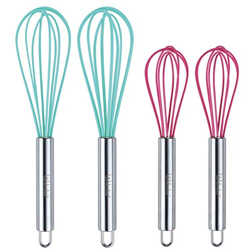 Webake 8 and 10 Inch Silicone Whisk Pack of 4 Balloon Egg Dough Whisk Set Solid Color