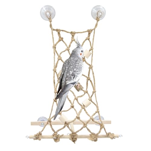 Parrot Climbing Net with Suction Cups Wooden Perch and Natural Rope Bird Stand for Budgies Lovebirds Conures Cockatiels Mount on Glass Tile Acrylic & Car Windows
