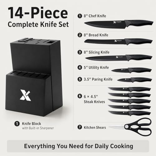 XANAPON Knife Set, 14 Pieces Kitchen Knife Set, High Carbon German Stainless Steel, Dishwasher Safe Cutlery with Built-in Knife Sharpener, Black - Image 3