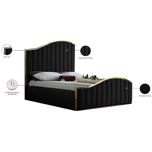 Meridian Furniture Jolie Collection Modern | Contemporary Velvet Upholstered Bed With Channel Tufting, And Polished Gold Metal Frame, Black, Queen #TOP3