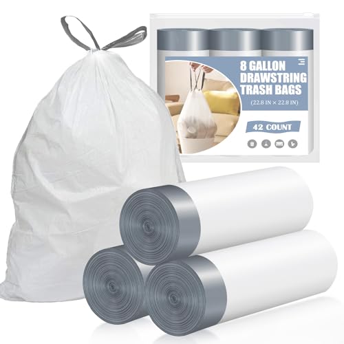 Drawstring 8 Gallon Trash Bags - 42 Count Pre-separated Medium Trash Bags 8 Gallon, White Unscented 8 Gal Garbage Bags