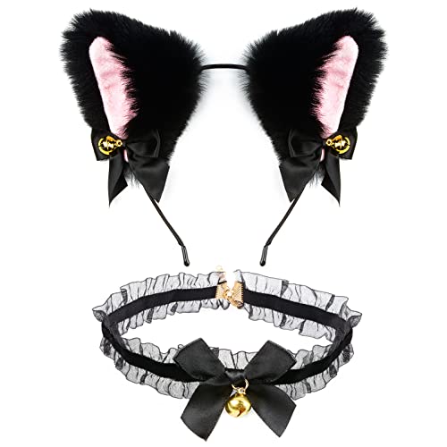 HoveBeaty Cat Ears Headband and Bow Necklace furry Animal Ears Hairband with Bells for Girl Women Cosplay Halloween Party Daily Decoration (black)