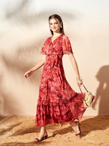 Image of Miss Chase Women's Floral V-Neck Flutter Sleeve Wrap Chiffon Maxi Dress