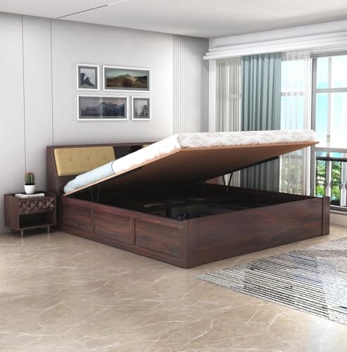 Image of TG Furniture Sheesham Wood Queen Size Bed with Storage | Wooden Double Bed with Hydraulic Storage for Bedroom & Hotel | Platform Cot Bed Palang | 78X 60 Inch, Walnut Finish