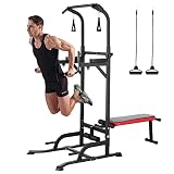 Power Tower with Bench, Pull Up Bar Stand Dip Station Home Gym, Height Adjustable Training Chin Up T