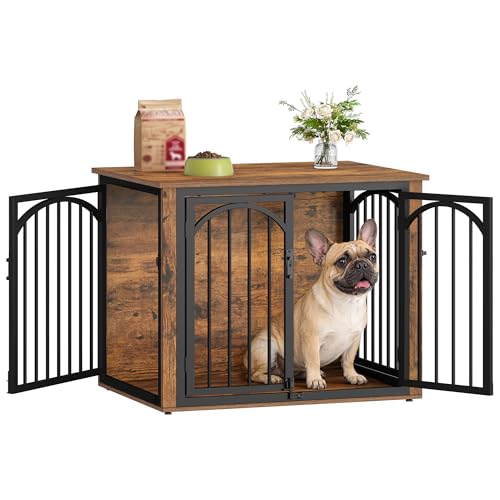 Fobyfurny Hundekäfig Möbel, 80cm Hundebox für Zuhause mit 4 Türen, Moderne Hundebox Holz, Beistelltisch, für Kleine und Mittelgroße Hunde, Hundekäfig Indoor, 80 x 60 x 63 cm, Vintagebraun und Schwarz