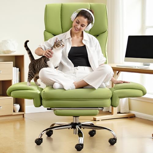 Image of Big and Tall Office Chair, 400LBS Wide Leather Gaming Chair with Footrest, High Back Executive Chair, Reversible Armrest for Pets, 135 Reclining Cross Legged Chair with Lumbar Support(Avocado Green)