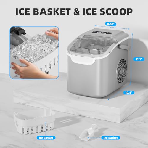 Image of Antarctic Star Countertop Ice Maker, Portable Ice Machine with Carry Handle, 26.5Lbs /24H, 2 Sizes Bullet Ice, 8Cubes in 6 Mins Office /Kitchen /Bar Grey
