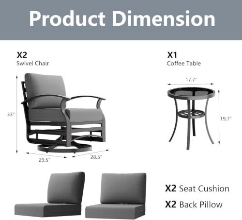 Image of 3 Piece Outdoor Patio Furniture Set, Aluminum Meta Swivel Rockerl Chairs, Overstuffed Washable Cushions Bistro Set for Porch, Balcony, Deck, Garden Grey