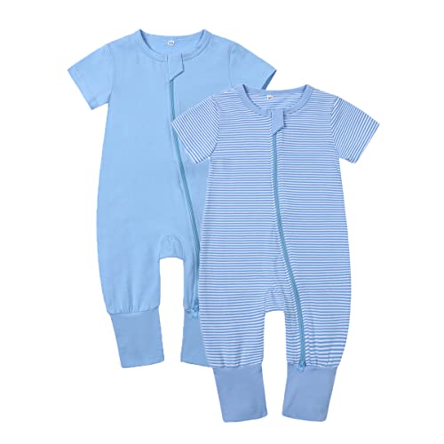 Feidoog Toddler 2 Pack Baby Zipper Rompers Cotton Short Sleeve 2 Way Zipper One Piece Jumpsuit Outfits,Blue,12-18M #TOP5