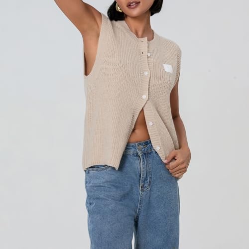 Image of Women Chunky Button Sweater Vest Sleeveless Round Neck Rib Knitted Tank Top Y2k Knitted Cardigan Vest Shirt