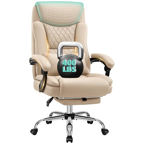 TUORUI Big and Tall Office Chair 400lbs - Wide Memory Foam Seat with Spring Pack, Reclining Executive Desk Chair with Footrest, Ergonomic Heavy Duty High Back Computer Chair, Khaki