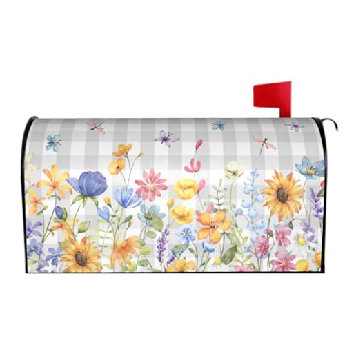 Image of Spring Flower Mailbox Cover Magnetic Standard Size, 21 inchx18 inch Watercolor Summer Floral Wildflower Mailbox Wrap Post Cover with Grey Buffalo Plaids for Yard Garden Outside Lawn Decor