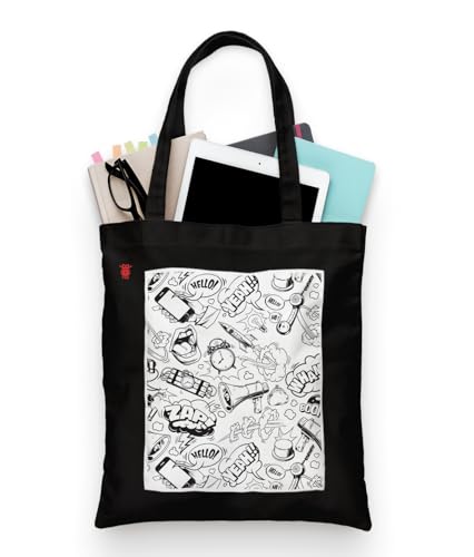 Image of ZORI Black Tote Bag With Pocket Printed Designed Canvas Tote Bags For Women large capacity,Tote bag For Shopping, College, Travel, More Canvas Handbag For Unisex Bag