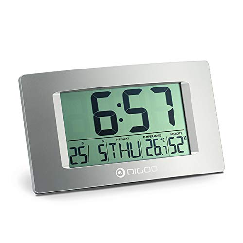 DIGOO LCD digitaler Wecker Nachttisch mit Snooze-Funktion, Innen-Thermometer Hygrometer, mehrsprachige Einstellung und Datumsanzeige große Schrift, große Bildschirm-Dekoration