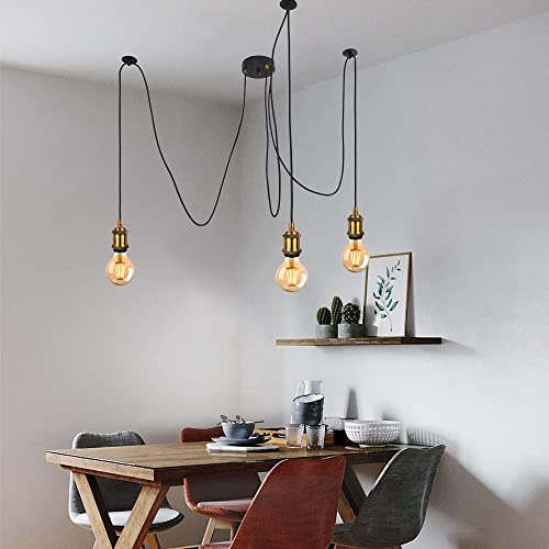 Lámpara colgante industrial vintage araña retro antiguo colgante con cable de 2 m para sala de estar cocina bar acabado de latón antiguo E27 lámpara de suspensión 3 lámparas configuración de grupo