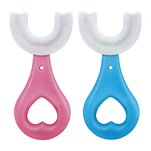 ETHCOOL Kids U-Shaped Toothbrush Food Grade Soft Silicone Brush Head 360° Oral Teeth Cleaning Design for Children Manual Training Toothbrush Easy Grip for Toddlers Blue Pink (Age 2-6)