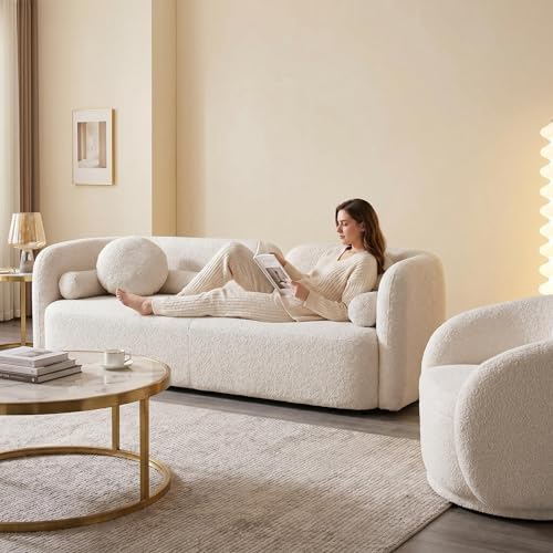 Image of Modern Curved Sofa Teddy Fabric Sofa Couches with 360 Degree Swivel Accent Chair Barrel Chair Tight Curved Back Cloud Couch 2 Piece Couch Sets for Living Room Bedroom Office Apartment Studio