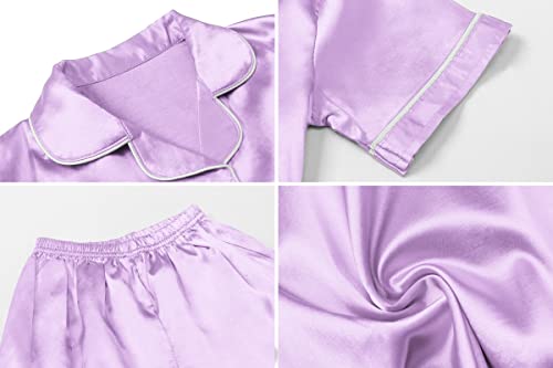 Image of Umeyda Women & Girls Pajamas Set, Soft Satin Lightweight Silk Button-Down Top with Shorts 2 Piece PJS for Mom Boys Kids Gifts