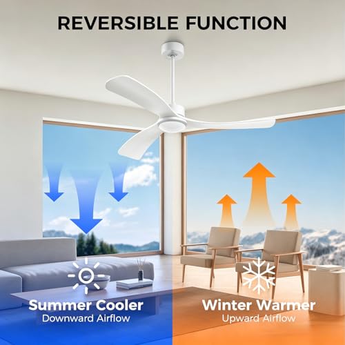 Image of Obabala 52 Inch Ceiling Fan with Light and Remote,Solid Wood Blades, DC Motor Quiet 35dB, Dimmable LED Reversible for Bedroom Living Room Indoor Outdoor, 6 Speed Timer Downrod