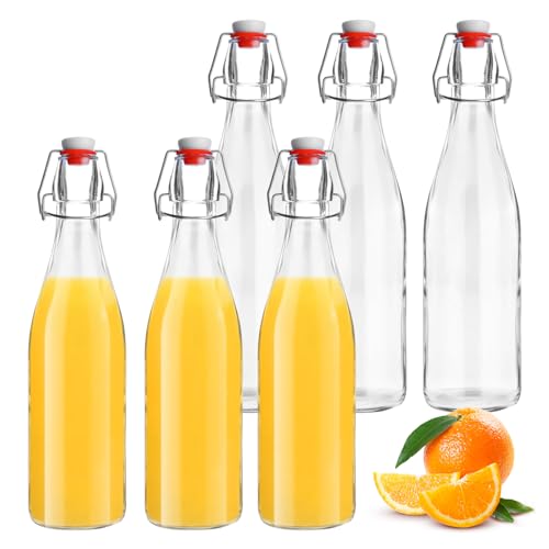ACOMTUO Lot de 6 Bouteille Verre 500ml, Bouteille en Verre avec Bouchon Mécanique 500ml, Bouteille en Verre avec Bouchon, Bouteille Vide Verre pour Liqueurs, Huile, Vinaigrette, Bière, Jus, sirop