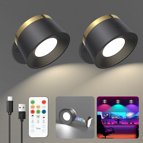 Image of LED Wall Sconces Set of Two, Rechargeable Battery Operated Wall Lights with Remote, Wall Lamp Wireless 3 Color Temperatures + 13 RGB & Dimmable Magnetic 360 Rotation (Two Pack Black)