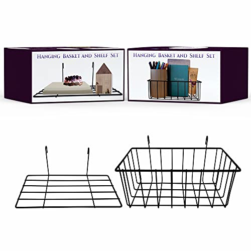 Grid Wall Shelf And Basket For Wall Grid Panel (Matte Black) - Beautifully Packaged - A Must Wire Grid Accessories For Your Wall Grid Organizer - More Storage With Hanging Basket And Shelf With Hooks #TOP27