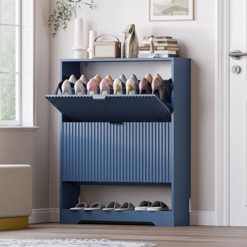 Image of BORNOON Shoe Cabinet with 2 Flip Drawers, Fluted Shoe Storage Cabinet with Adjustable Shelves, Freestanding Rack and Organizer for Entryway, Closet, Hallway
