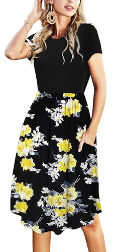 Image of Simier Fariry Womens Summer Modest Work Casual Midi Knee Dress Pocket Short Sleeve Teacher Outfits Spring Travel Clothes