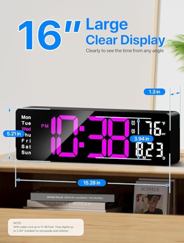 Image of 15-Inch Digital Wall Clock with Large LED Display - Remote Control, Auto-Dimming, Night Light, Date, Day, Temperature, DST Function - Ideal for Living Room, Bedroom (16 Inch Rose Red)